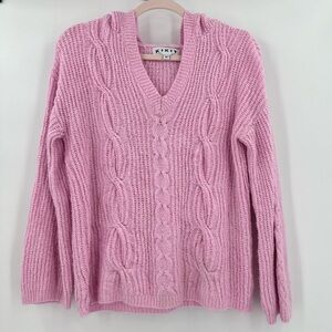 Kikit Women’s Pink Long Sleeve V-Neck Cable Knit Hooded Sweater Size Medium